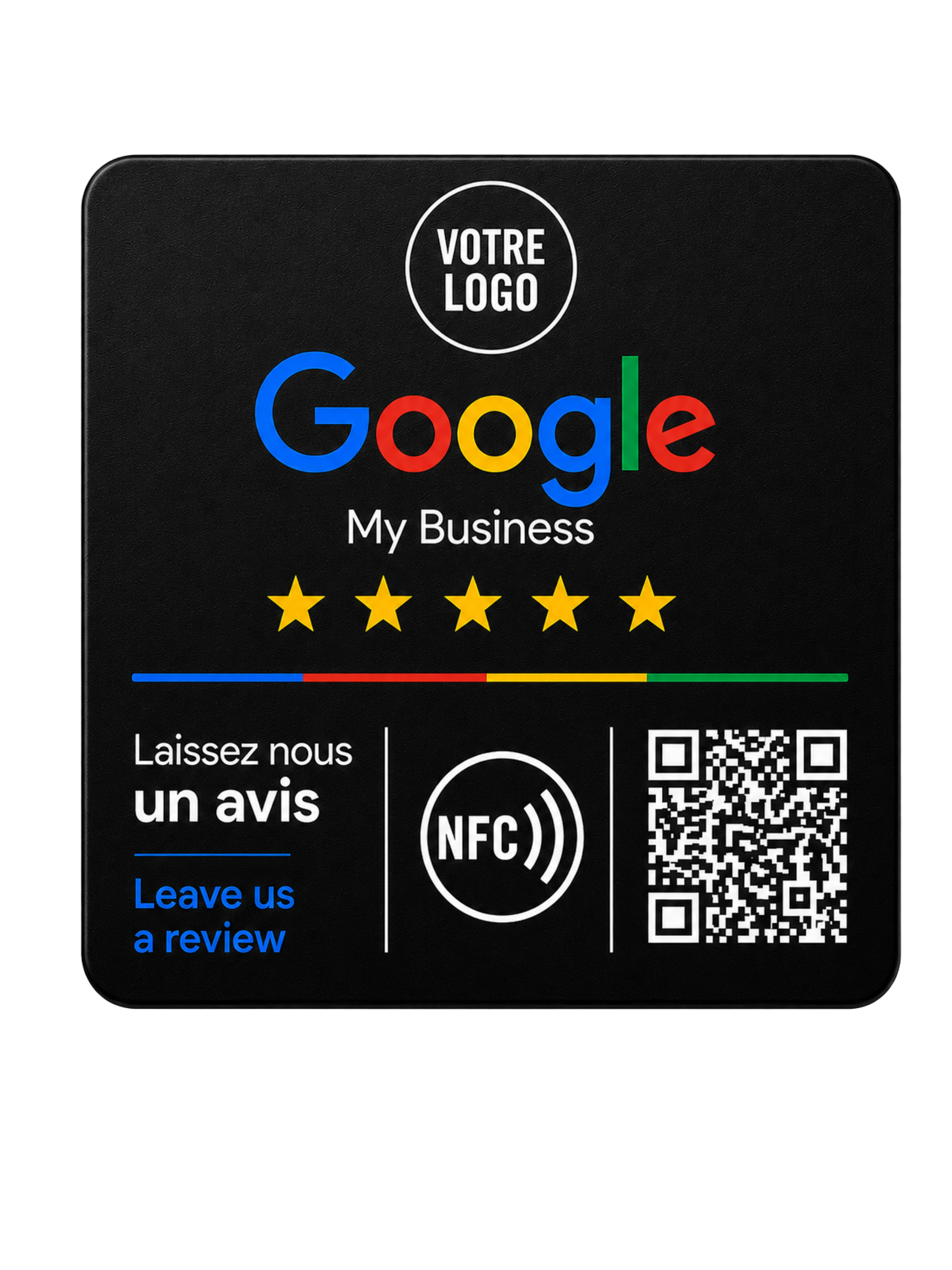 PLAQUE NFC GOOGLE REVIEW CARRÉE NOIRE EN ACRYLIQUE & ADHÉSIF 3M